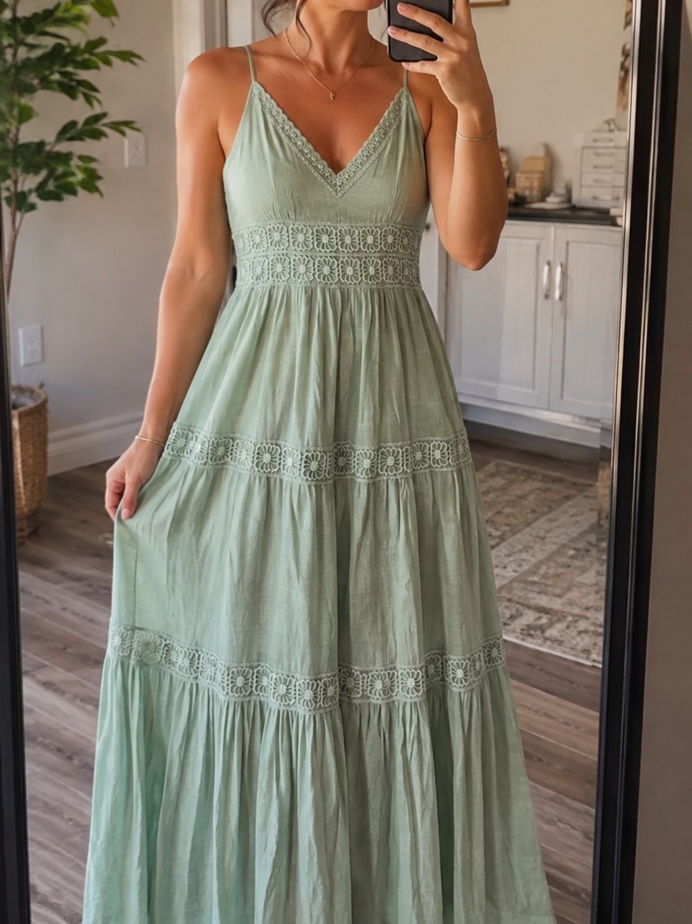 Rebellion Sage Green Lace-Trim Maxi Dress